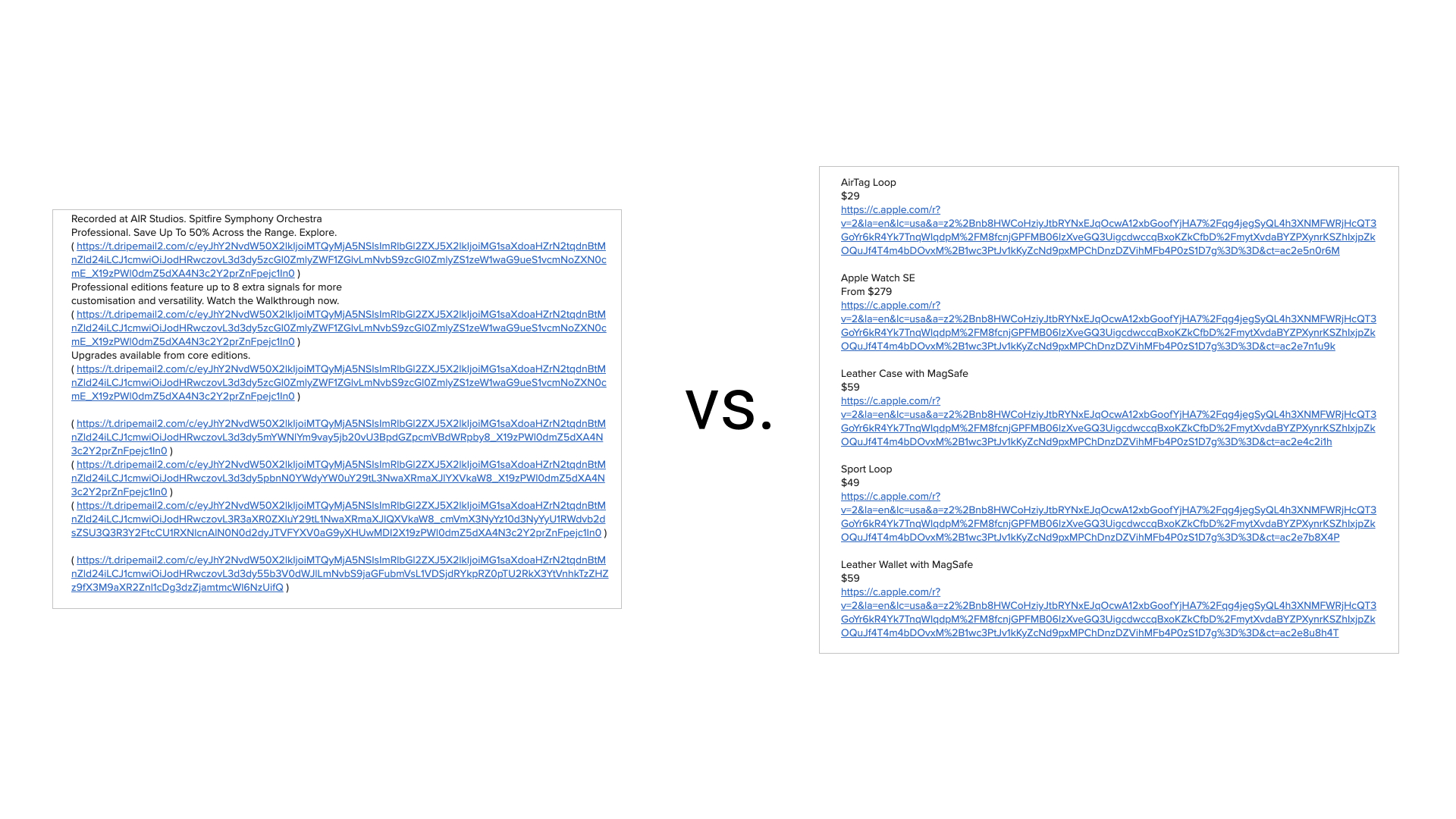 bad and good example of plain text emails and how they do CTAs