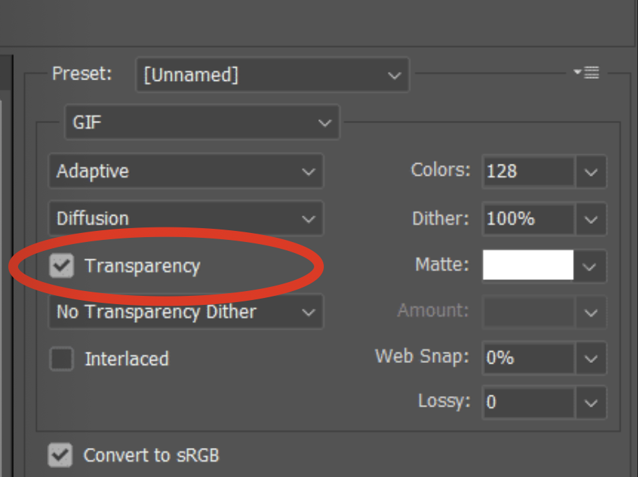 Screenshot showing ideal export settings on Photoshop for animated GIFs in email, highlighting "Transparency" as a checked box as the ideal setting for keeping file size small