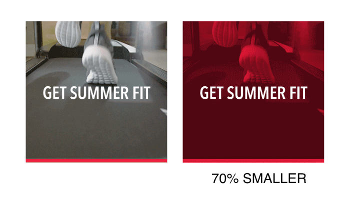 Examples of animated GIFs in email: on the left is the original GIF and on the right is the GIF with a red overlay, which reduces the file size by 70%