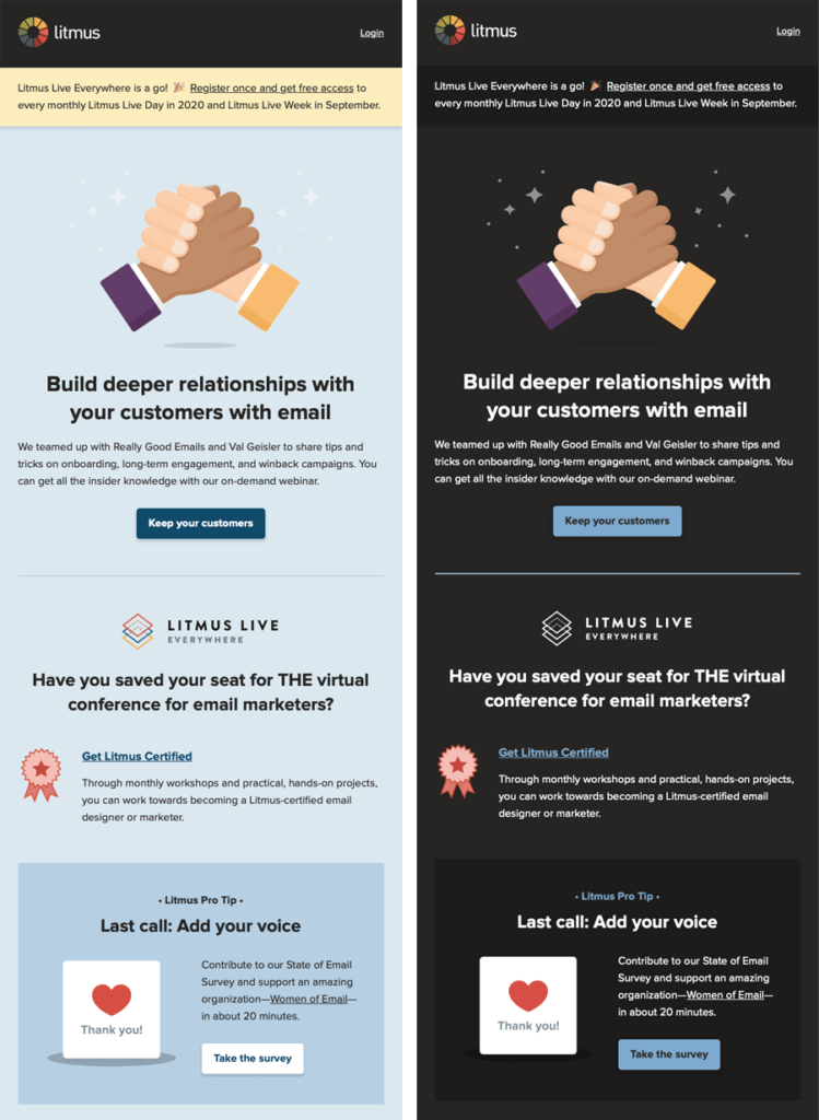 Litmus light mode email vs. dark mode email example