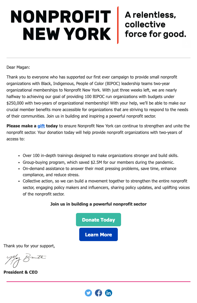 Nonprofit New York congratulations email