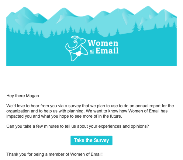 Women of Email survey email for stewardship journey